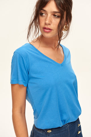 Basic - Blue Tencel knitted V-Neck T-Shirt