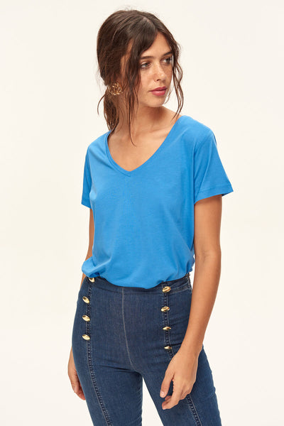 Basic - Blue Tencel knitted V-Neck T-Shirt