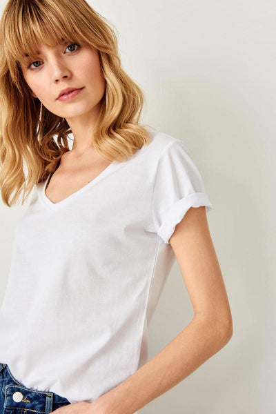 White V-Neck Cotton Basic Knitted T-Shirts