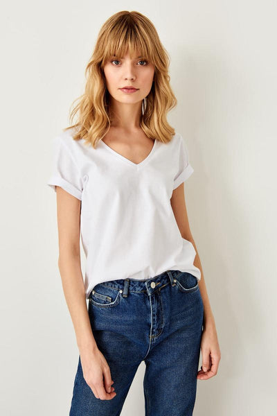 White V-Neck Cotton Basic Knitted T-Shirts