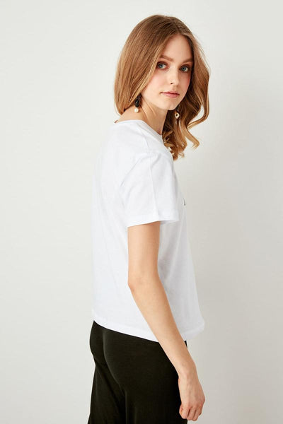 White Printed and Stone Embroidered Basic Knitted T-Shirts