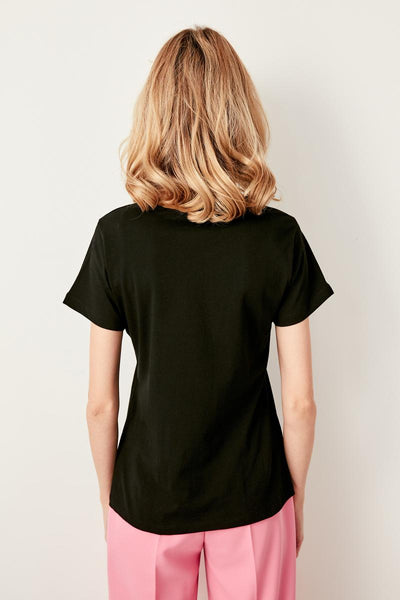 Black Polaroid Printed Basic Knitted T-Shirts