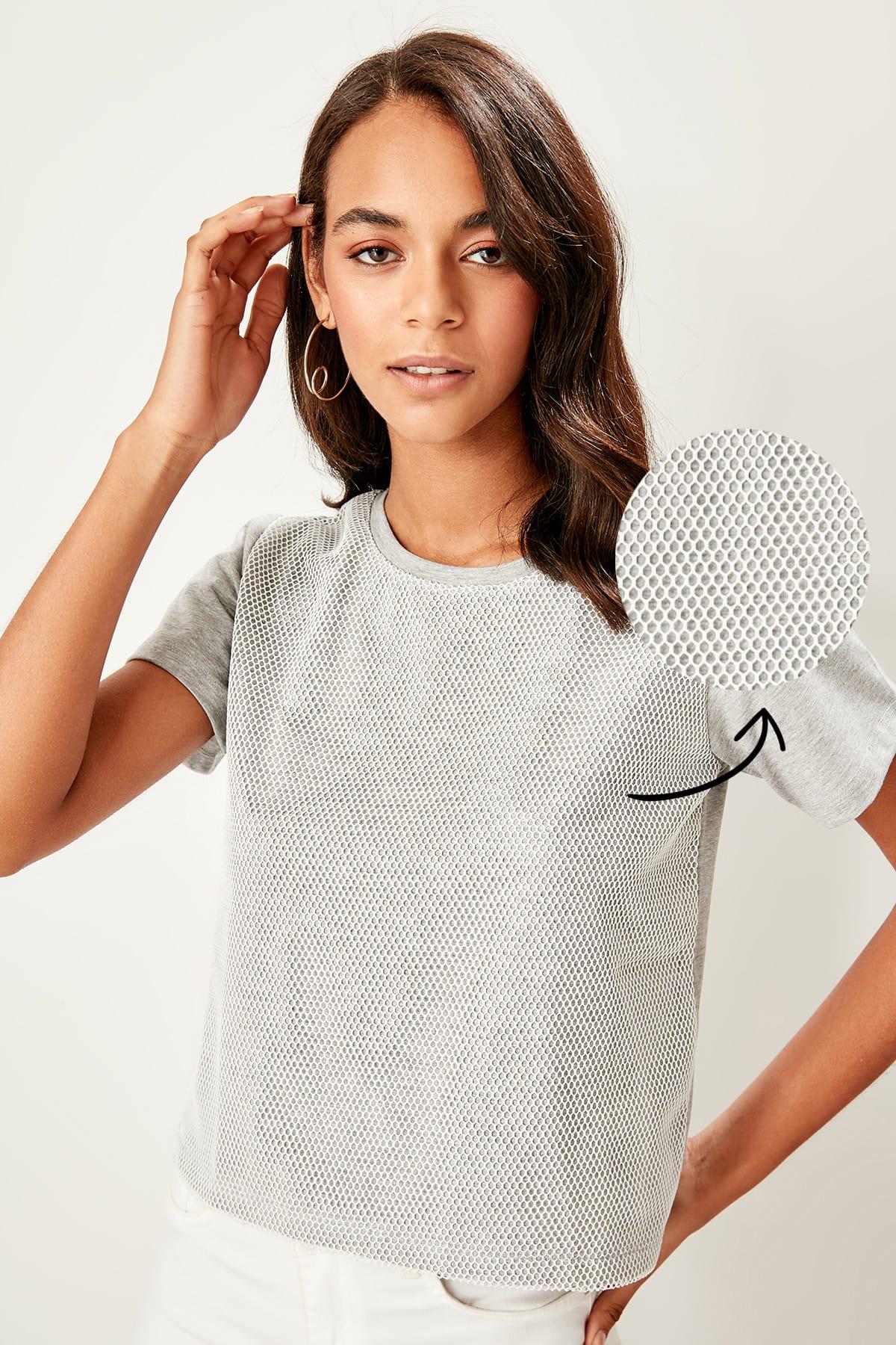 Gray Front Fishnet Basic Knitted T-Shirts