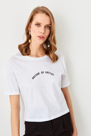 White Printed Crop Knitted T Shirt