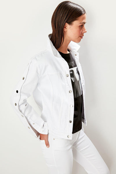 White Openable Studs Denim Jacket